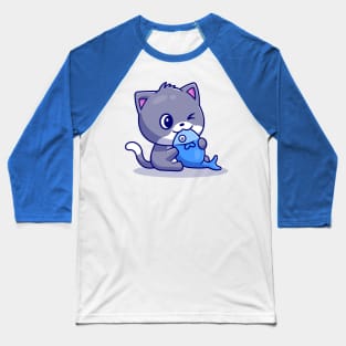 Cute Cat Eating Fish Cartoon Baseball T-Shirt